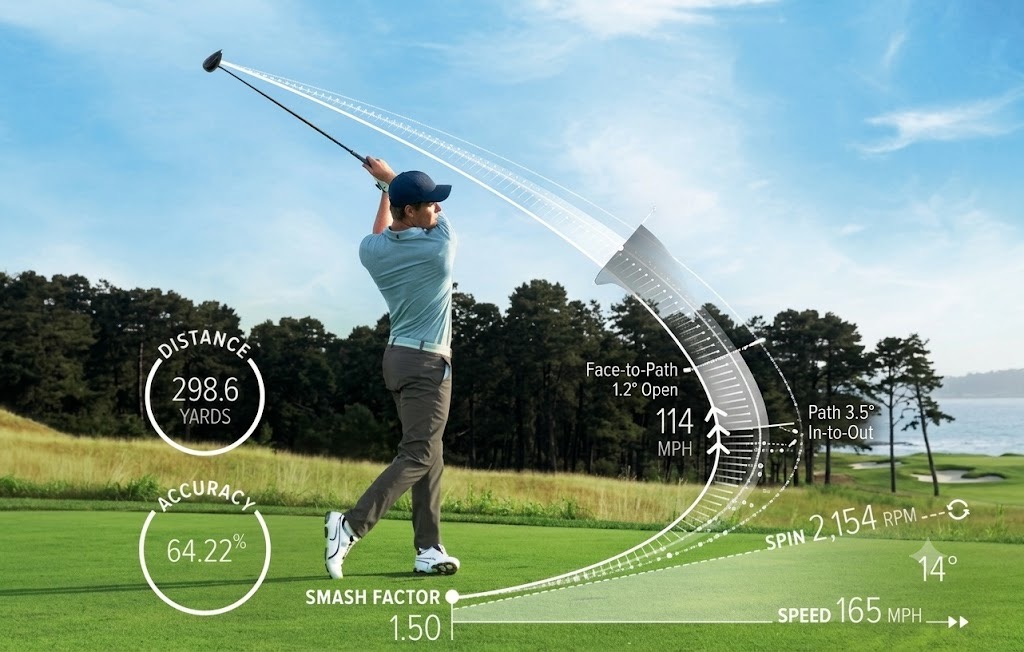 Golfer mid-swing with AI performance analytics overlay