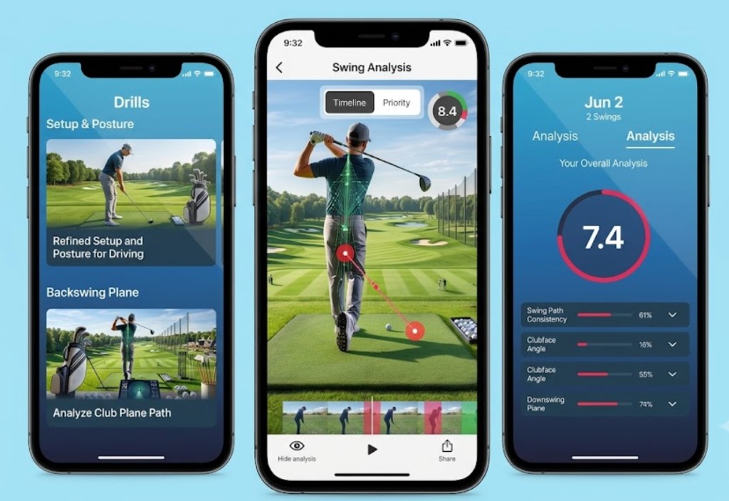 Mobile-AI app screens showing drills, swing analysis, and performance scores